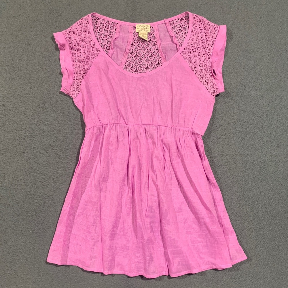 Eyelash Couture Pink Crochet Lace Empire Waist Cap Sleeve Top Size Small